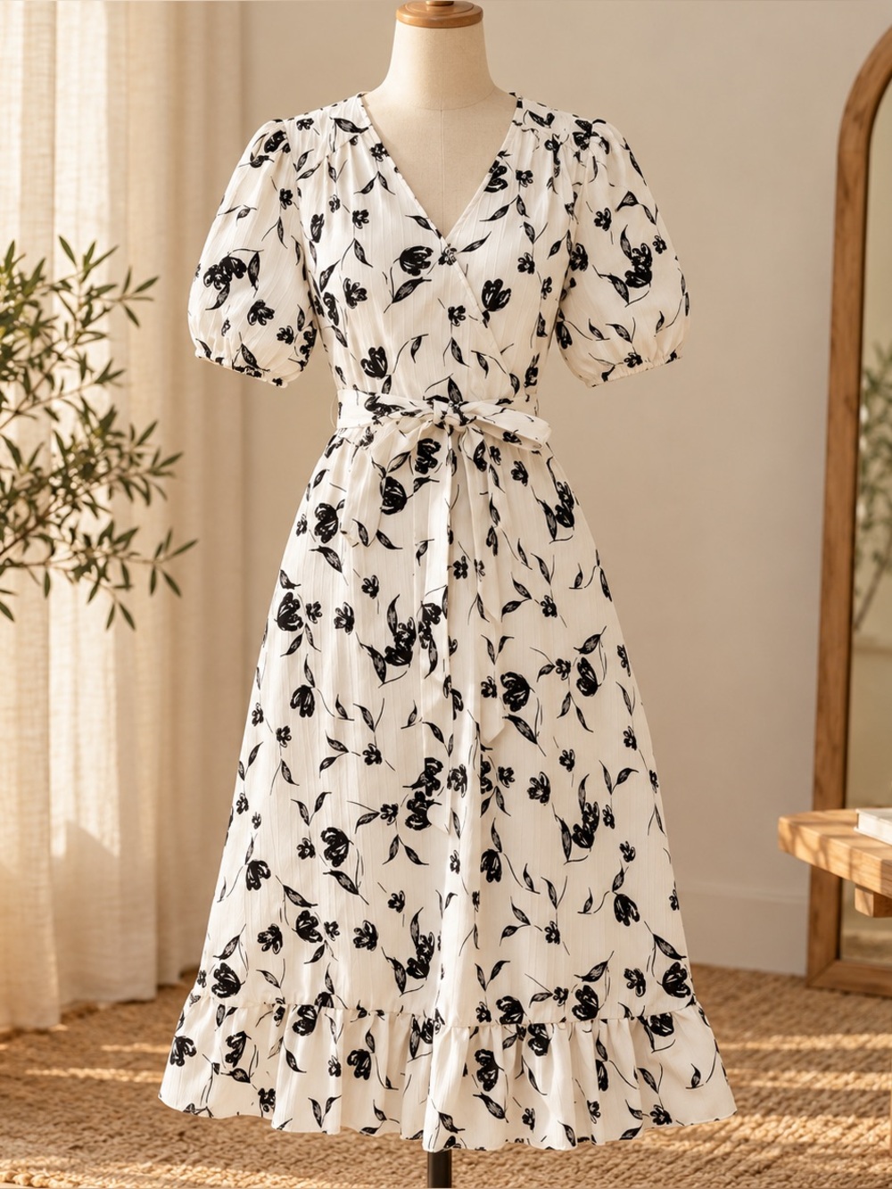 Black Floral Wrap Midi Dress with Puff Sleeves